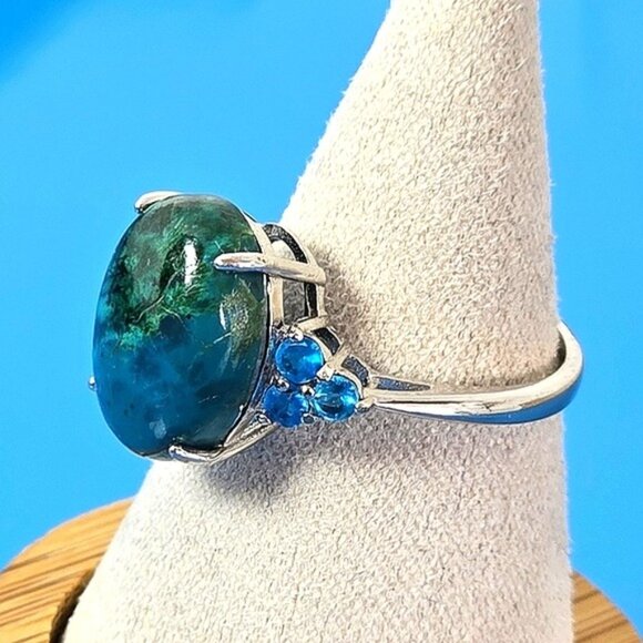 925 Sterling Silver Ring SZ 7 with Natural 13x10mm Chrysocolla & Apat… - Picture 3 of 12